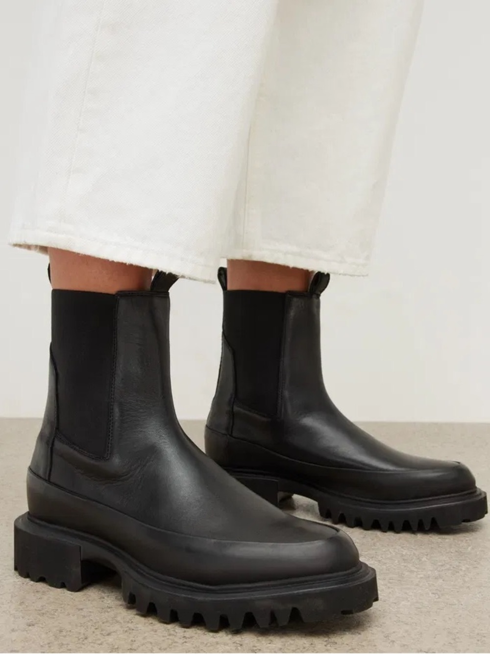 AllSaints Harlee Black Leather Chelsea Lug Boots